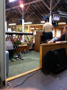 IMG_0176 BayShore Camp Tabernacle. My view from the MusEvangelist seat. The KORG TR-88 stands by, ready for the next set.
